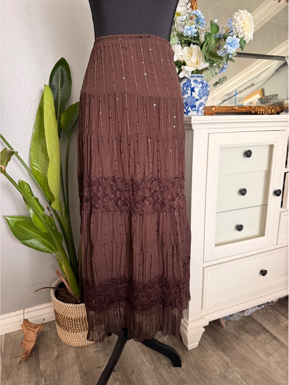 Y2K brown lace sequin maxi skirt - Gypsy, fairy core - Picture 2 of 7